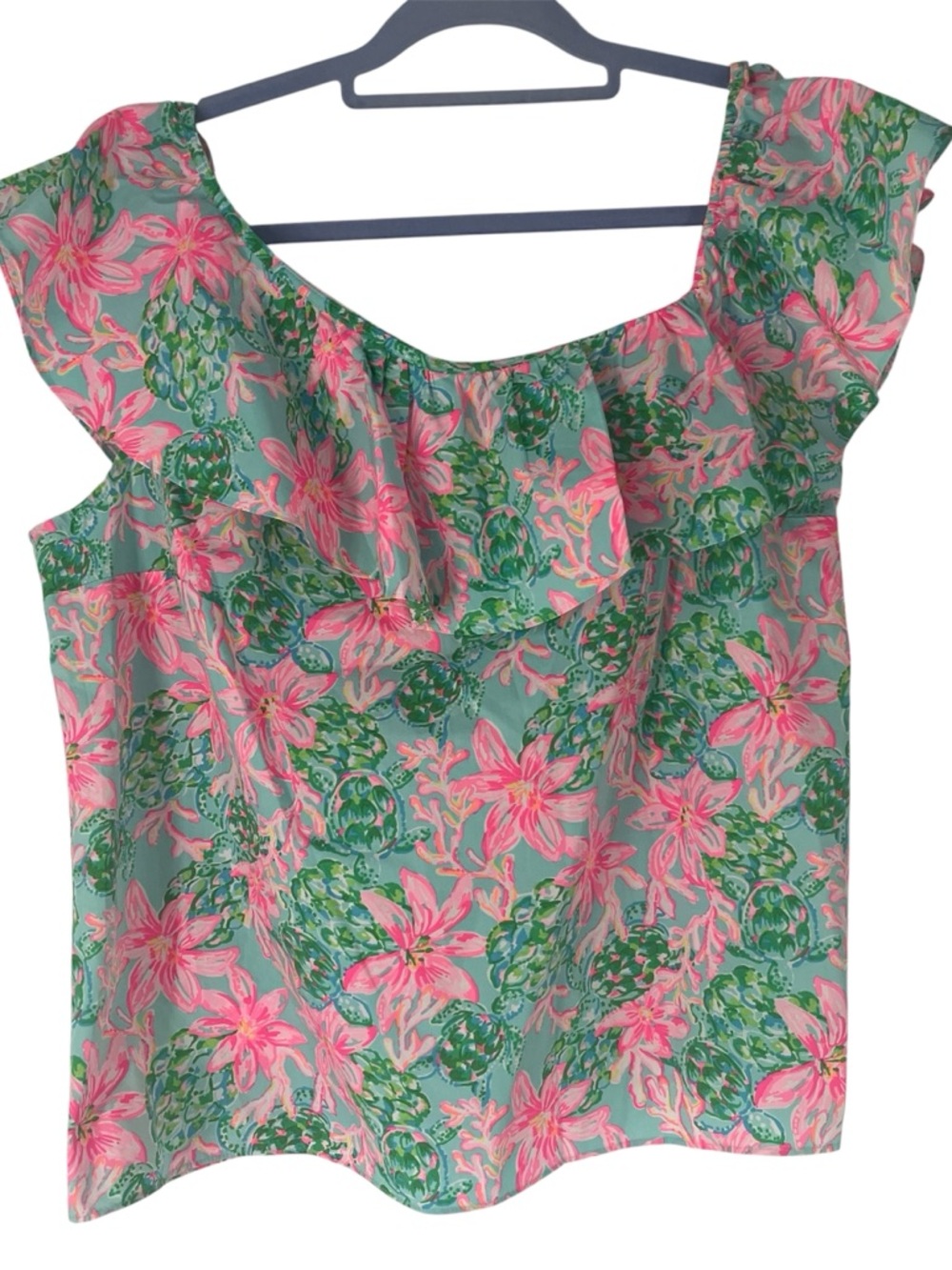 Lilly Pulitzer Zeldie One Shoulder Ruffle Top Surf Blue So Shellegant XL NWT - Picture 2 of 10